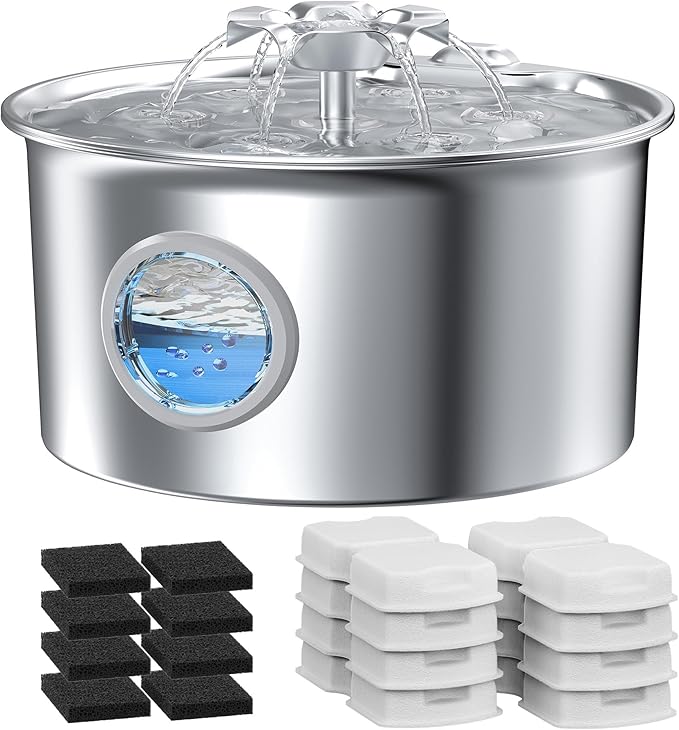 Pet Water Fountain Stainless Steel: Cat Fountain with 8 Filters & 8 Sponges | 88oz/2.6L Automatic Cat Watering Dispenser Bowl with Water Level Window - IHOUONE Quiet Fountains for Cats & Dogs Owners