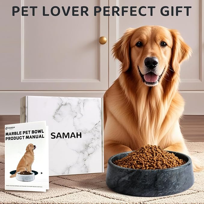 SAMAH Black Marble Dog Bowl, Non-Slip Non-Tipping Heavy Dog Food Bowl, Large Weighted Stone Dish, Natural Marble Pet Water Bowl, Easy to Clean, Present for Cat & Dog Lovers, Holds 6 Cups(6 lbs)