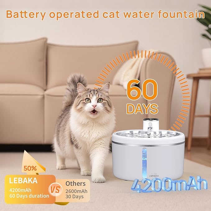 Wireless Cat Water Fountain-[Stainless Steel Tray], 102oz/3L Pet Water Fountain for Cats Inside, Cat Fountain for Drinking with Motion Sensor, Ultra Quiet Pump, Cats & Dogs Gifts (102oz+8Filters)
