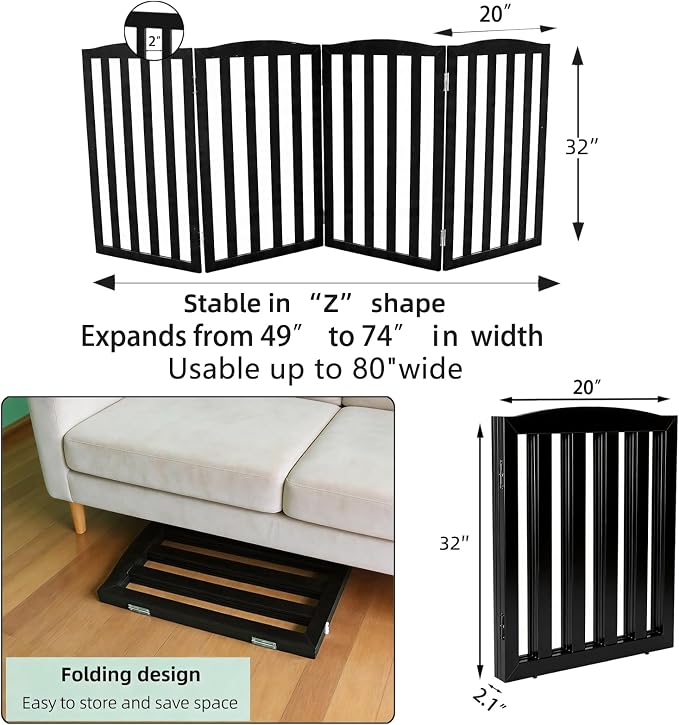 Freestanding Dog Gate Indoor,Doggie Gate Foldable Pet Gates for Doorways,Stairs or Hallways, Wooden Black Pet Gate for the House, Pet Fence,32 "Height-4 Panels