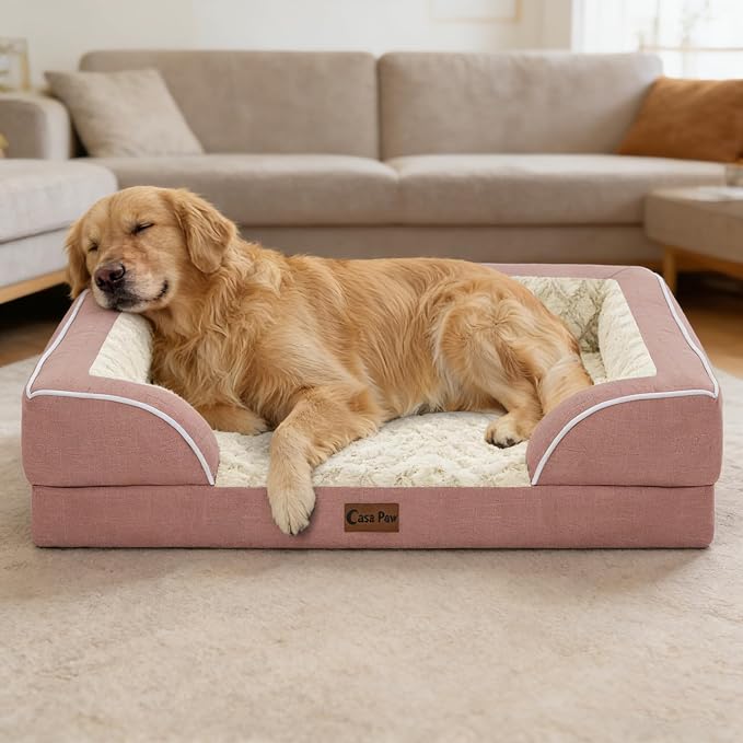 Orthopedic Dog Beds for Extra Large Sized Dogs 53x42 Inch, XXL Waterproof Egg Crate Foam Dog Sofa Bed with Removable Washable Cover Big Pet Couch with Bolster & Non-Slip Bottom, Pink