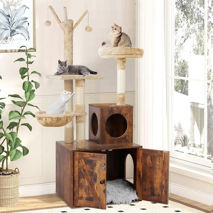 Timberer Cat Tree Tower with Litter Box Enclosure, 2-in-1 Wooden Cat Condo with Sisal Scratching Post, Hammock, Brown