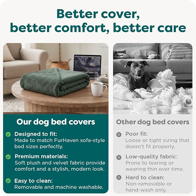 Furhaven Replacement Dog Bed Cover Faux Fur & Velvet Sofa-Style, Machine Washable - Dark Sage, Medium