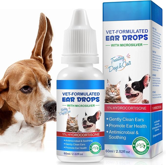 Dog & Cat Ear Infection Treatment Drop with 1% Hydrocortisone for Dog Yeast Ear Infections, Soothes Itchy Ears, Prevents Infections, Safe for Puppies, Adult, Ear Drops for Dogs & Cats 2 fl oz.