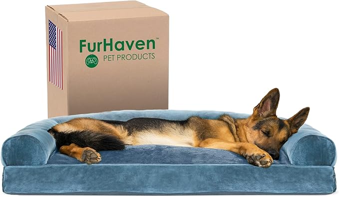 Furhaven Pillow Dog Bed for Large Dogs w/ Removable Bolsters & Washable Cover - Faux Fur & Velvet Sofa - Harbor Blue, Jumbo/XL
