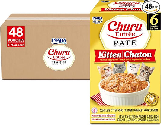 INABA Churu Entrée Pate for Kittens, High Protein & Moisture, Prebiotic Wet Cat Food, 1.76oz. per Serving, 48 Pouches, Chicken Recipe with Tuna