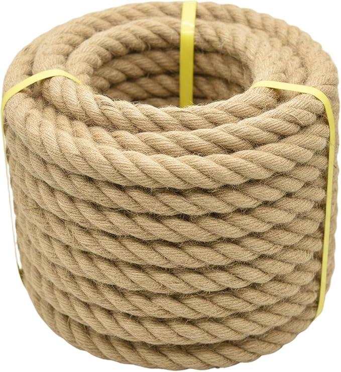 Jute Rope Natural Jute Manila Rope Nautical Hemp Rope Twisted Natural Thick Heavy Duty Ropes for Crafts, Bundling,Anchor, Hammock, Nautical, Tug of War, Railings,Decorate (1-1/2 in X 50 Ft)