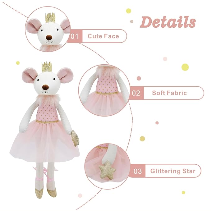 Princess Mouse Stuffed Animals,15.7" Pink Rat Plushies with Lace Skirt,Cute Stuffed Animal for Girls As Birthday