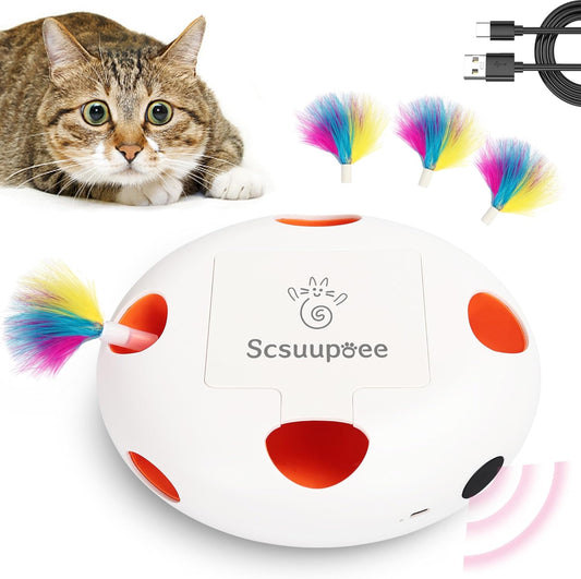 Interactive Cat Toy, Electric Cat Toys for Moving Concealed Feathers, Smart Sensor 7 Holes Whack a Mole Feather Toy, USB Charge Automatic Kitten Toys,White