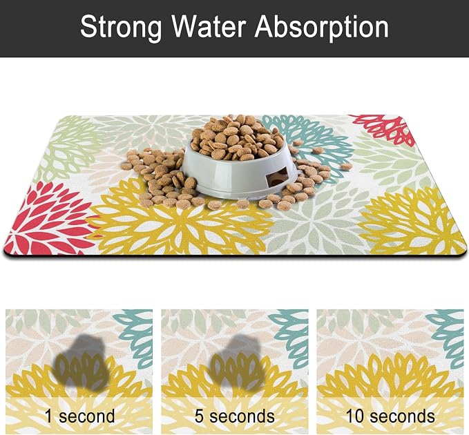 Dog Food Mats for Floors, Absorbent and Quick-Drying Pet Cat Food Mat,Anti-Fouling and Easy-to-Clean Pet Feeding Mat,Dog Bowl Mat for Messy Drinking Water Bowls.12x20, Bohemia Dahlia Floral Style
