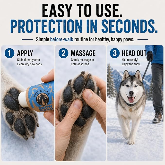Rhino Wax - Dog Paw Snow Wax 2oz - Winter Balm for Dogs Feet - Protects Against Cold, Icy, Salt, Wintery Conditions - Moisturizes and Improves Elasticity - Lick-Safe, Natural Ingredients - Made in USA