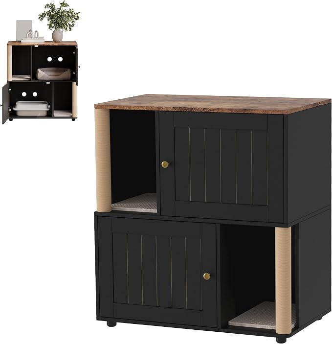 Cat Litter Box Enclosure, Two-Story Wooden Hidden Litter Box Furniture with Scratching Post, Multi-Level Cat Washroom Cabinet for 2 Cats, Reinforced Wood Frame & Ventilated Design for Small Apartment