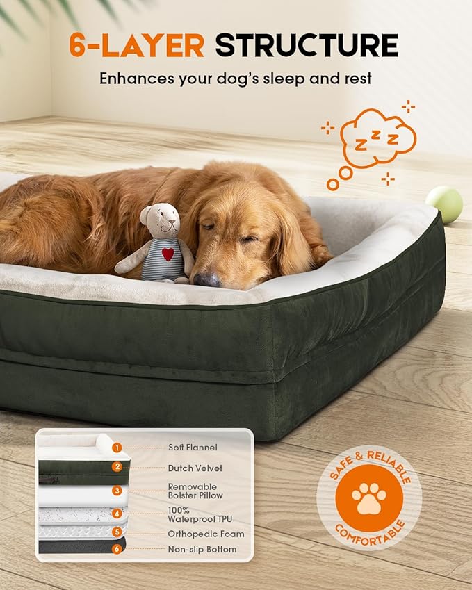 Upvilla Large Orthopedic Dog Bed, Four-Sided Cushioned Egg-Shaped Foam Dog Sofa, Waterproof Removable Cover, Pet Sofa Bed with Non-Slip Base, Large Pet Bed,Green