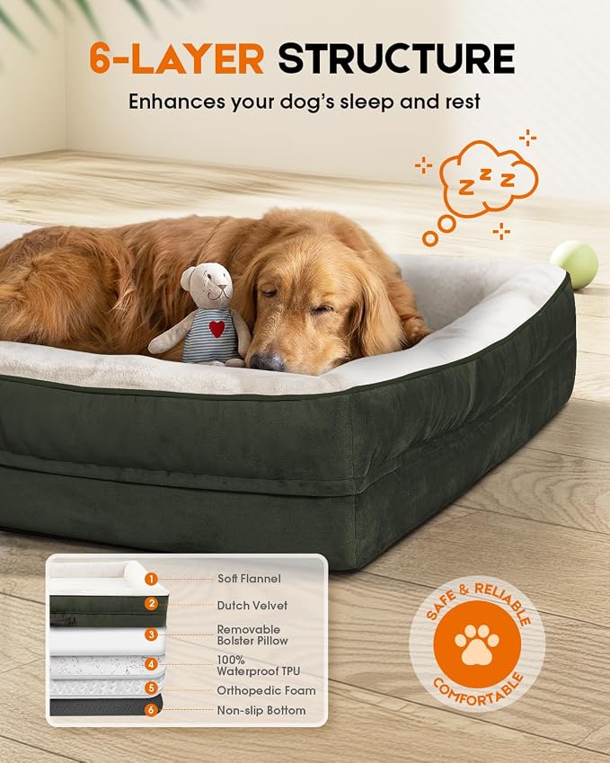 Upvilla Orthopedic Dog Bed XL, Four-Sided Cushioned Egg-Shaped Foam Dog Sofa, Waterproof Removable Cover, Pet Sofa Bed with Non-Slip Base, Extra Large Dog Bed,Green