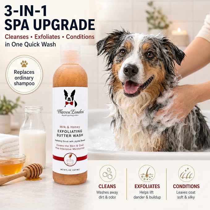 Warren London Exfoliating Butter Wash – Milk & Honey Dog Shampoo, 1-Gallon Pro Size | Cleans, Exfoliates & Deep-Conditions | Jojoba Beads Remove Dandruff & Itch | Dilutable, Non-Oily Shine | USA Made