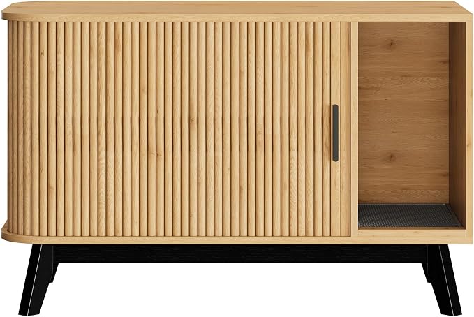 Garvee Cat Litter Box Enclosure, 39" Litter Box Enclosure Furniture Hidden Litter Box with Cat Litter Mat and Sliding Door, Modern Indoor Cat House, Side End Table for Living Room, Natural Wood Color