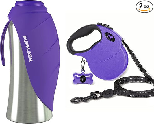 Tuff Pupper Retractable Dog Leash and 27oz Pupflask Portable Water Bottle - Violet