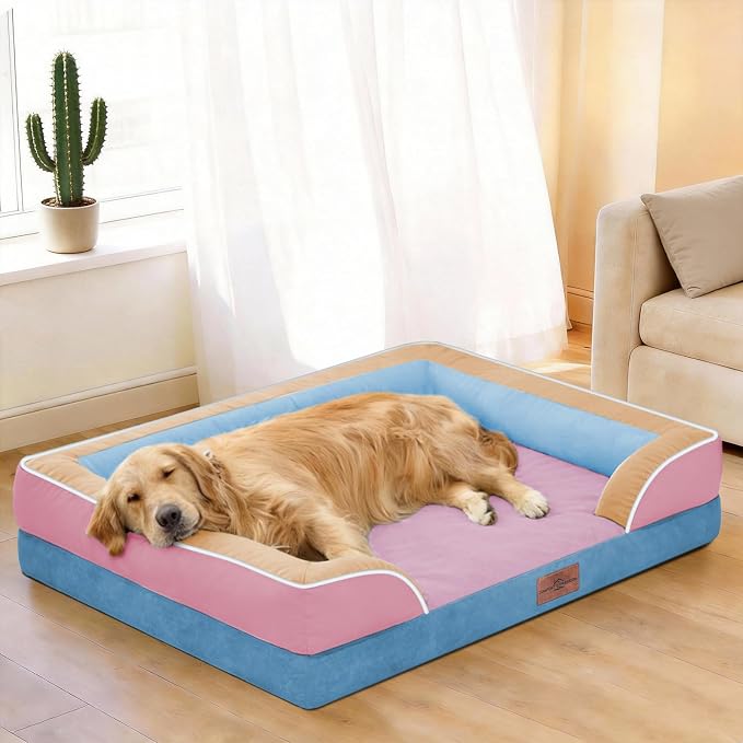 Comfort Expression Orthopedic Dog Bed for Extra Large Dogs 45x35 Inch, Waterproof Egg Crate Foam XL Pet Bed with Bolsters, Dog Couch with Washable Cover & Non-Slip Bottom, Bubblegum Cove