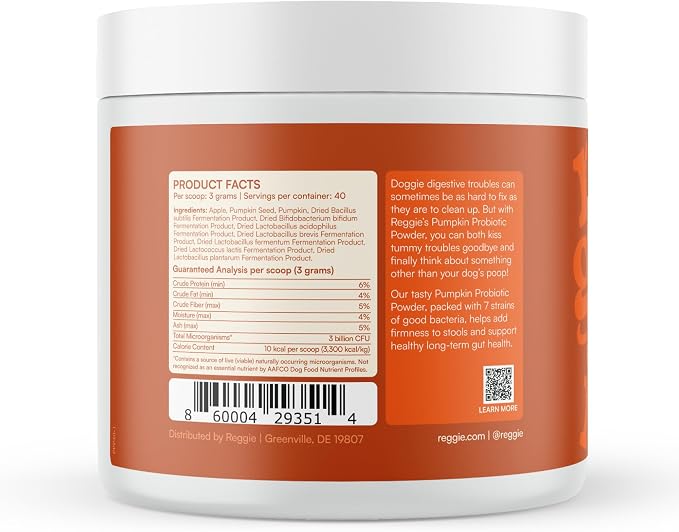 Reggie Pumpkin Probiotic Powder for Dogs | 7-Strain Probiotics + Pumpkin for Gut Health, Digestion & Stool Consistency | Natural Dog Digestive Supplement | Vet-Approved & Made in USA | 40 Scoops