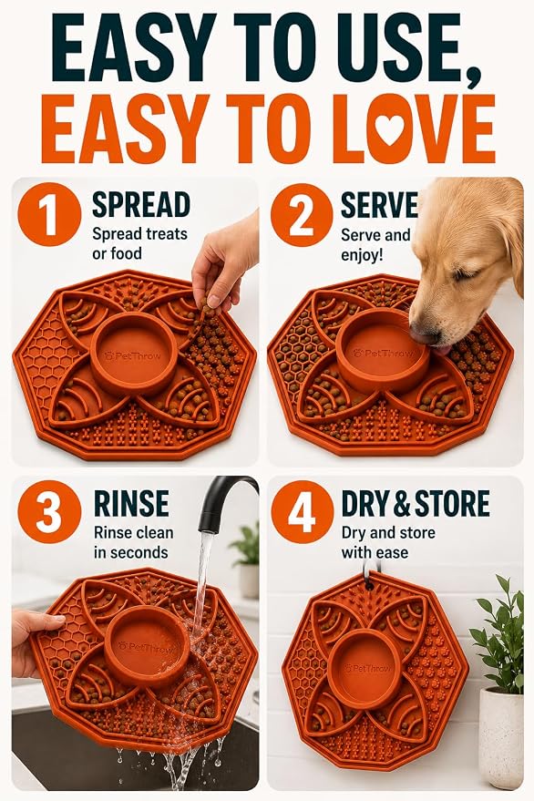 PetThrow Dog Lick Mat Bundle – Octagon Silicone Slow Feeder with Suction Cups, Multi-Texture Design for Anxiety Relief | Includes Spatula, Cleaning Brush & Recipe Card, Dishwasher Safe