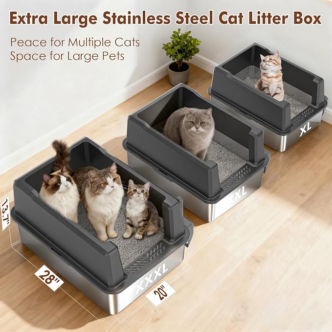 Extra Large Stainless Steel Cat Litter Box for Large Cats & Multiple Cats, 28" Lx 20" W High-Sided Design, Easy to Clean, Non-Stick, Anti-Leak, Includes Scoop