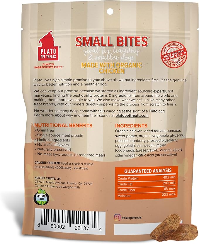 PLATO Pet Treats Small Bites - Air-Dried Training Treats for Dogs - Supports Healthy Digestion - Limited Ingredients - Organic Chicken 6oz - 2 Pack