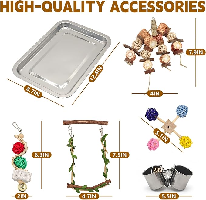 Large Bird Playground with Natural Wood perches, Suitable for Small Birds Such as Budgies, Conures, and Lovebirds. Includes Feeding Cups, a Swing, and Bird Chewing Toys.