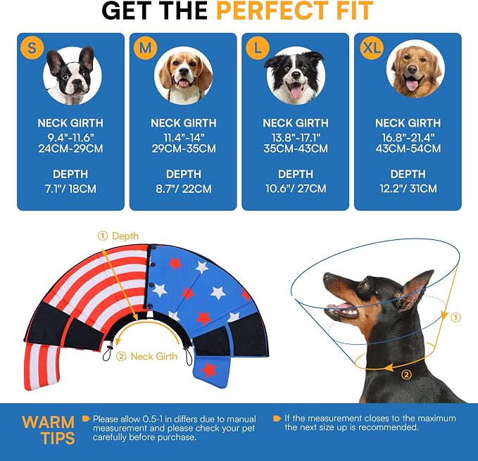 Queenmore Dog Cones for Small Dogs, Dog Cone Collar to Prevent Licking Wounds, Adjustable Comfy Cone for Dogs, Adjustable Elizabethan Collar for Pets, USAFlag S