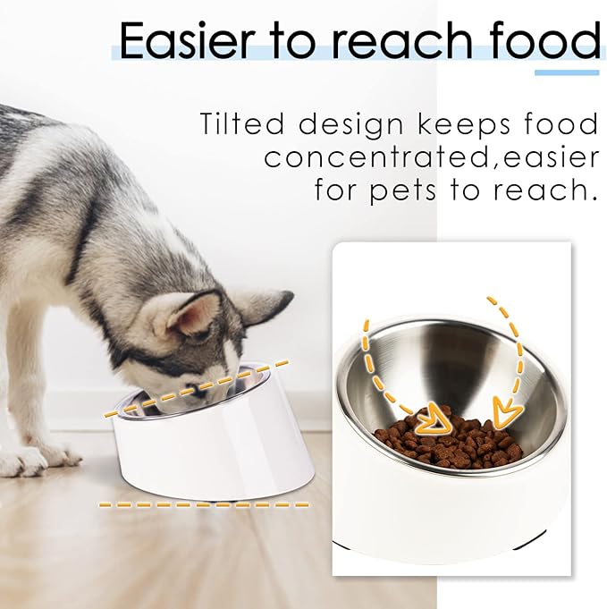 SuperDesign Mess Free 15° Slanted Bowl for Dogs and Cats, Tilted Angle Bulldog Bowl Dog Feeder, Non-Skid & Non-Spill, Easier to Reach Food S/0.5 Cup White