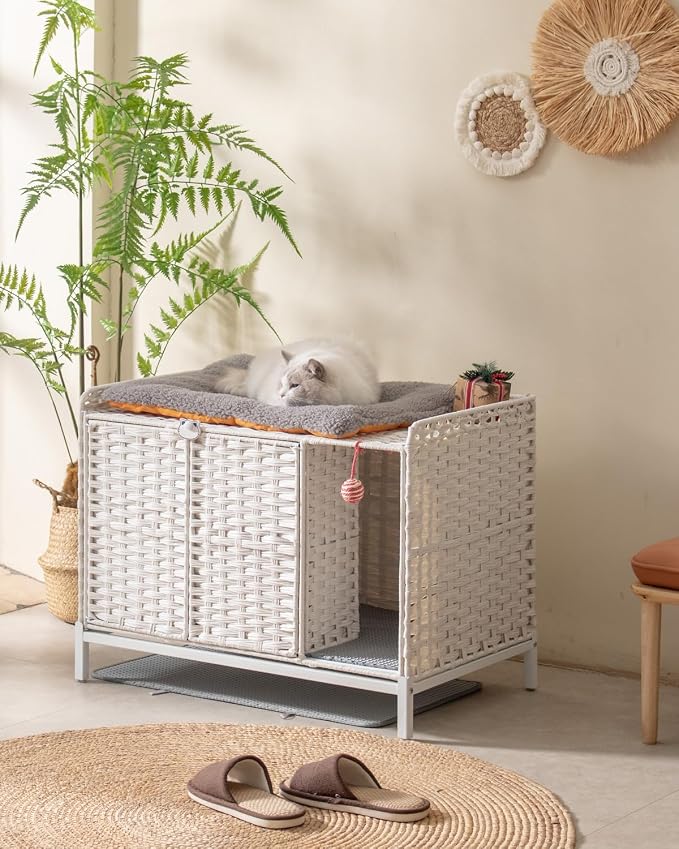 SETVSON Cat Litter Box Enclosure Furniture with Divider, Handwoven Rattan Litter Box with Mat, 31.2 x 19.6 x 24.2 Inches, Metal Heightened Feet, Hidden Cat House for Living Room, Bedroom (White)