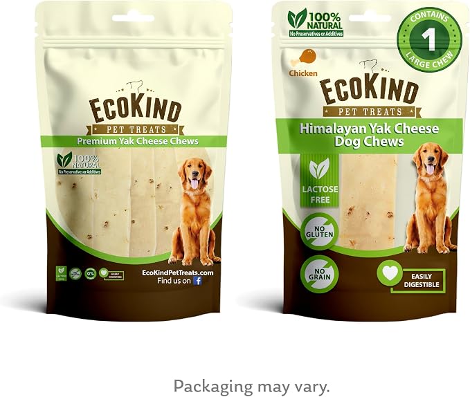EcoKind Yak Cheese Himalayan Dog Chews, Yak Chews for Large Dogs, Long Lasting Bone for Aggressive Chewers, Only 4 Ingredients, Natural High Protein Dog Treats, No Additives, Chicken, Large - 1 Chew