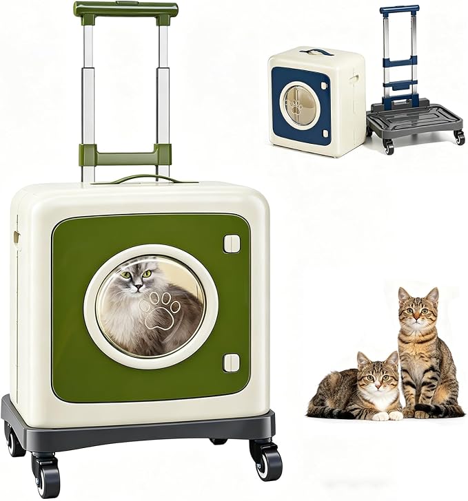 Pet Carrier with Wheels Foldable Cat Carrier, 3-Level Adjustable Handle 360° Wheels, Detachable Multi-Use Rolling Pet Travel Carrier for Cats & Small Dogs, Portable Outdoor Travel Pet Crate (Green)