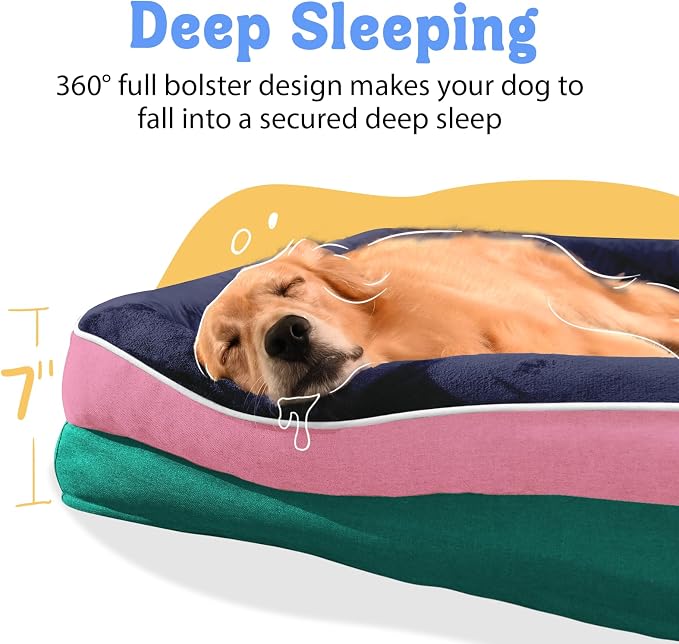 Chez Paw XXL Orthopedic Dog Bed for Extra Large Dogs, Extra Thick Egg-Crate Foam Waterproof Pet Couch with Removable Washable Cover, 4-Sided Bolster & Non-Slip Bottom, Navy Blush 45"x35"x7.5"