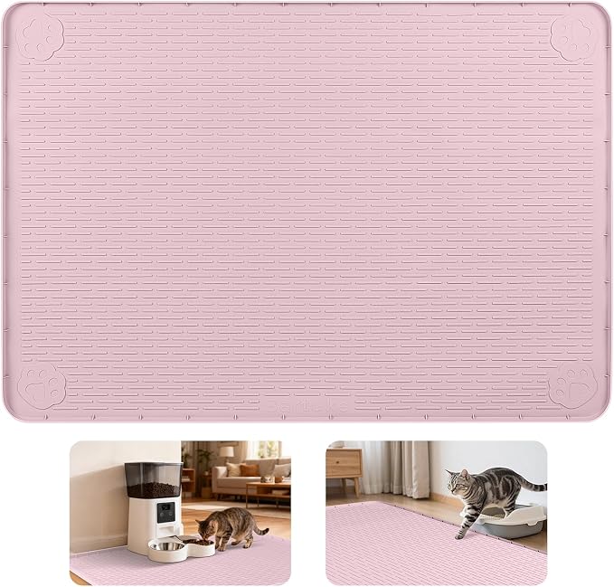 Cat Food Mat, 50" x 35" Extra Large Silicone Pet Feeding Mat with Raised Edge Pet Placemat for Food and Water Bowl Non-Slip, Easy to Clean, Floor Protection (Pink)