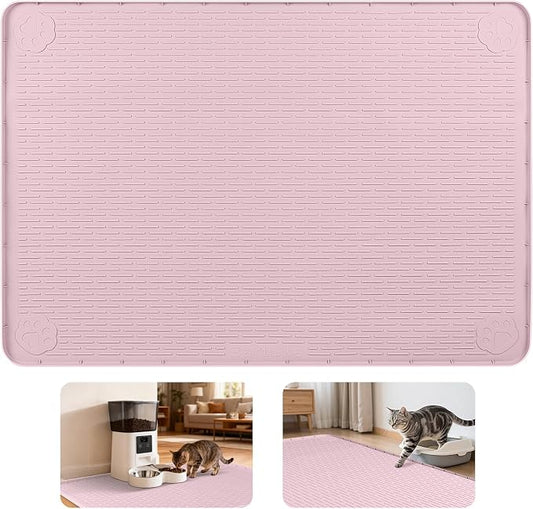 Cat Food Mat, 40" x 28" Extra Large Silicone Pet Feeding Mat with Raised Edge Pet Placemat for Food and Water Bowl Non-Slip, Easy to Clean, Floor Protection (Pink)