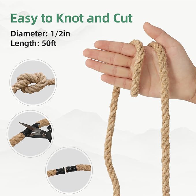 Jute Rope 1/2in50ft Natural Material Heavy Duty Jute Rope Twisted for Indoor Outdoor Crafts, Nautical, Tug of War, Railing, Hammock, Swing, Gardening