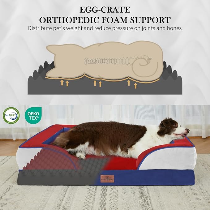 Comfort Expression Orthopedic Dog Bed for Extra Large Dogs 45x35 Inch, Waterproof Egg Crate Foam XL Pet Bed with Bolsters, Dog Couch with Washable Cover & Non-Slip Bottom, American Flag 2