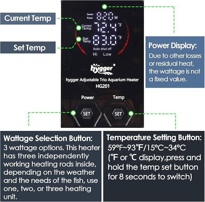 hygger Aquarium Heater Adjustable Triple-Power, Submersible Fish Tank Heater Four Season Power Change, with Digital Controller Abnormal Error Stop Protection for Freshwater Saltwater (400W-800W-1200W)