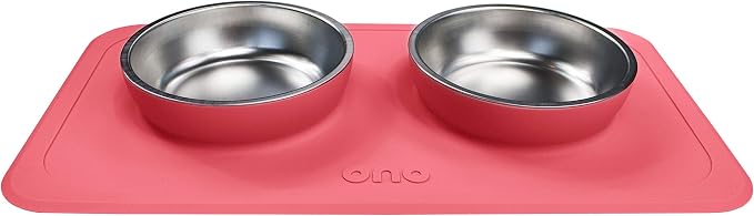 Ono Good Bowl Food & Water Double Feeder - Small to Medium Pets No Spill Non Skid Silicone Mat & Stainless Steel Bowls for Dogs or Cats (Coral)