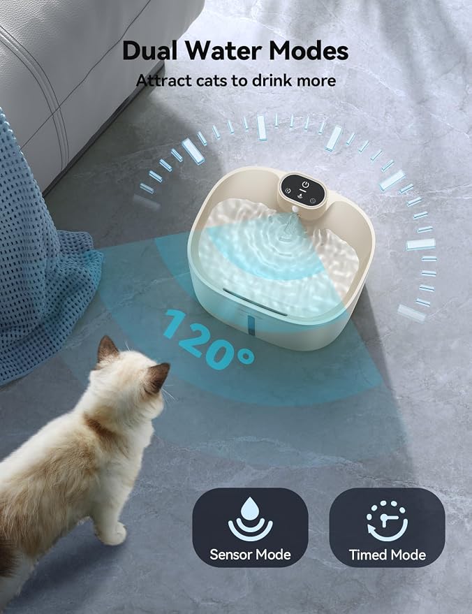 Pumpless Wireless Cat Water Fountain, FEELNEEDY 4L Battery Operated Pet Water Fountain for Cats Indoor, Motion Sensor Cat Drinking Fountain (Beige with 1Pack Filters)