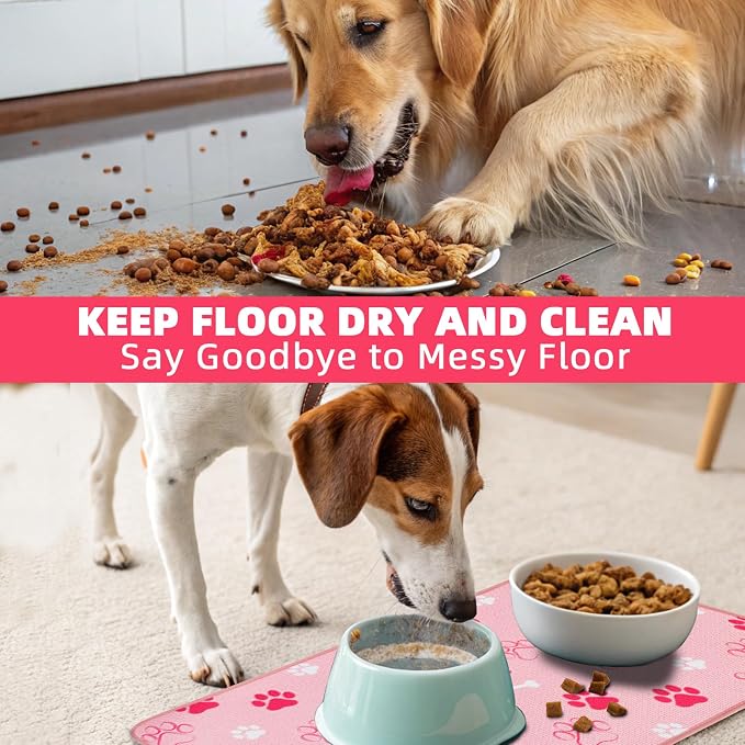 PUPTECK Dog Food Mat, Absorbent Pet Cat Feeding Mat for Food and Water Bowls, Anti-Slip Dog Placemat for Floors Waterproof, Pet Supplies Accessories, Pink S