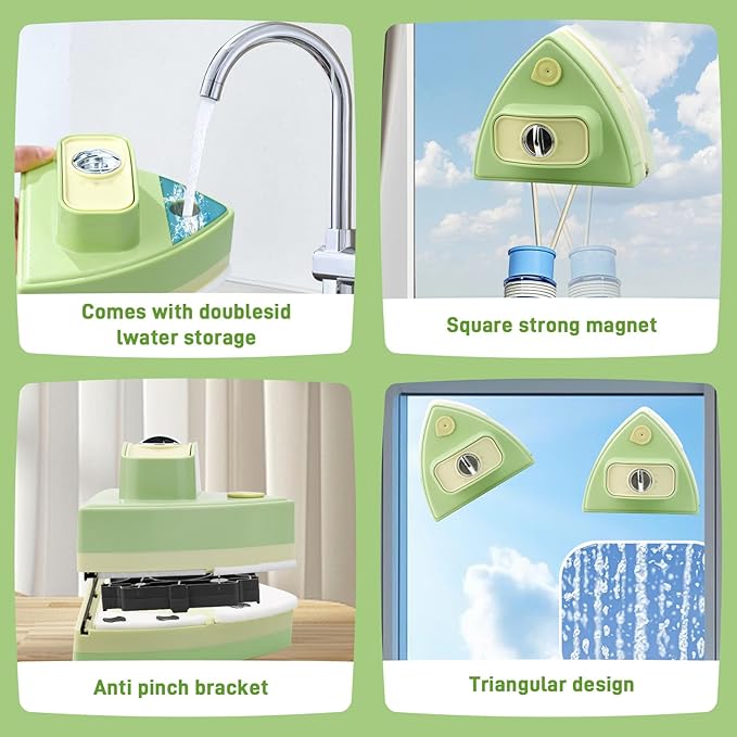 Double-Sided Magnetic Window Cleaner, Green | Adjustable Magnetic Double Window Wiper, Fits 3-30mm Glass Thickness, 2.5m Safety Rope for High-Rise & Auto Glass