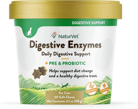 NaturVet – Digestive Enzymes for Cats Plus Probiotics – 60 Soft Chews – Helps Support Diet Change & A Healthy Digestive Tract – Aids in the Absorption of Vitamins & Minerals – 30 Day Supply