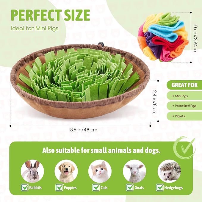 Pig Snuffle Mat and Snuffle Ball Kit for Mini Pigs, Potbellied Pigs, Interactive Rooting, Foraging, and Enrichment Toys, Slow Feeding, Portable Non-slip Mat and Ball for Pig Toys Accessories