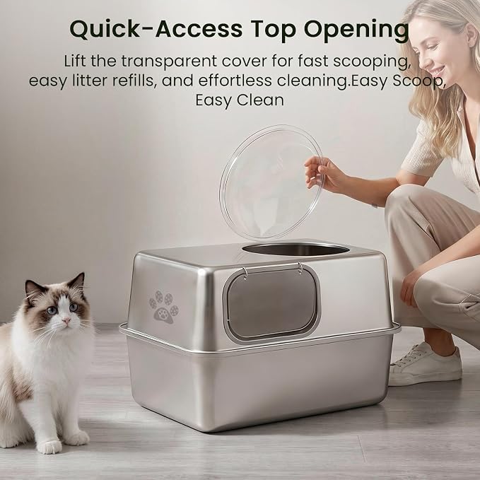 Ptlom Enclosed Stainless Steel Cat Litter Box with Lid, Extra Large Metal Litter Box, Leak-Proof High Sided Covered Litter Box for Kitties & Multi Cats, Non-Stick, Includes Litter Mat & Scoop