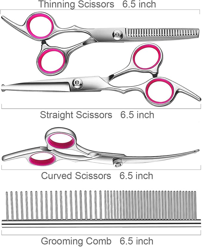 TINMARDA Dog Grooming Kit, Professional Stainless Steel Dog Grooming Scissors with Curved Shears, Pink Finger Rings - 4 Piece Sharp Durable Pet Shears for Dogs Cats At Home Salon-Quality Grooming