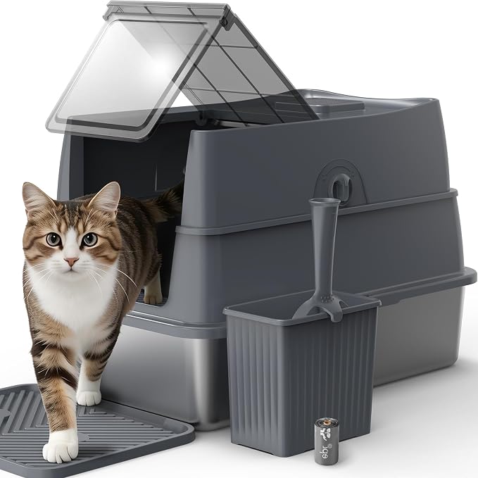 AIPERRO Enclosed Stainless Steel Cat Litter Box with Lid, FILP-Top High Sided Enclosure Metal Litter Boxes with Scoop Set for Big Cats, Non-Sticky, Anti-Leakage, Easy Cleaning,Transparent Grey