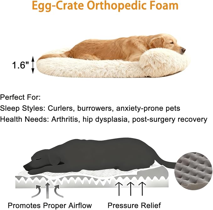 Orthopedic Dog Bed with Egg-Crate Base, Calming Dog Beds Fluffy Plush Faux Fur with Raised Edges, Spine Friendly Pet Sleeping Mat for Medium Large Dogs, Machine Washable (Oval, Beige 32"x24")