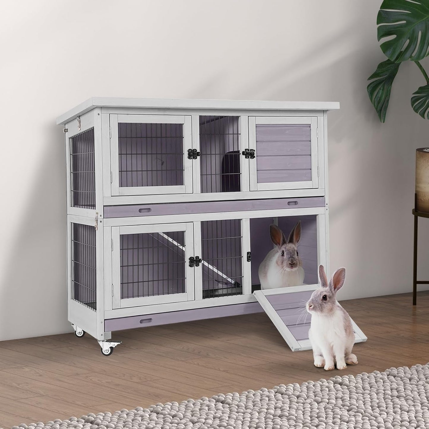Aivituvin Rabbit Hutch Indoor, Folding Bunny Cage with Two Story, Rabbit Cage with Wheels, Anti Slip Ramp