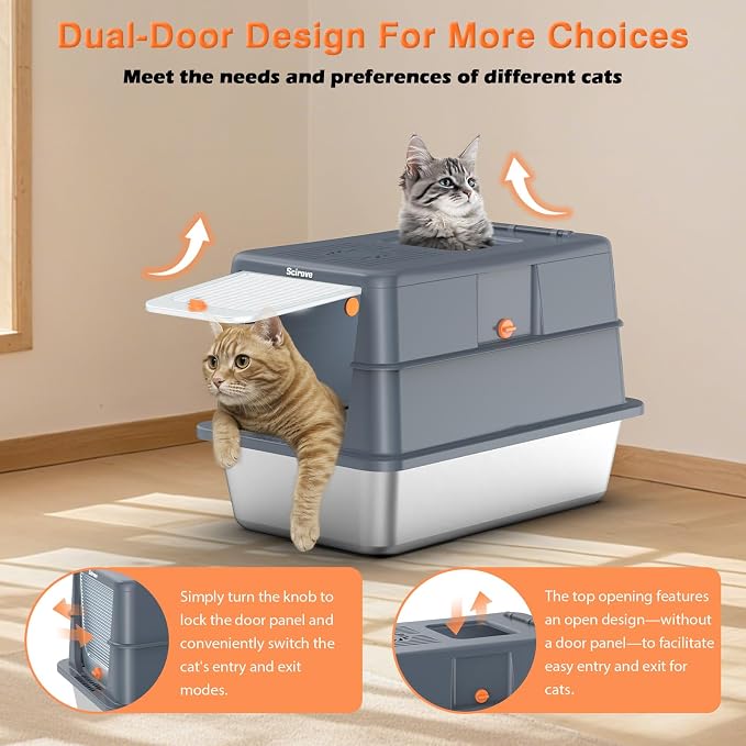 Stainless Steel Litter Box with Lid, Extra Large Litter Box Enclosed Top Entry Metal Litterbox for Big Cats Easy Cleaning Anti-Leakage & High Sided Grey